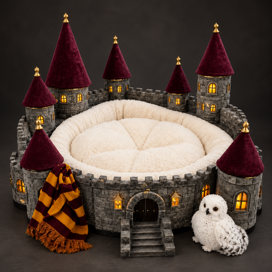 Castle-shaped pet bed with maroon turrets, cream cushion, scarf and plush owl on charcoal