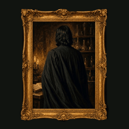 The living portrait turns inside its gold frame, then returns to face away, on a charcoal background.